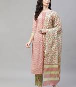 pink color printed pure cotton styles kurta trouser with dupatta