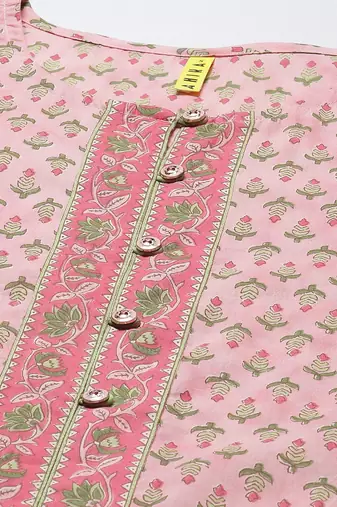 pink color printed pure cotton styles kurta trouser with dupatta