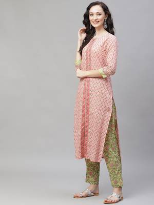 pink color printed pure cotton styles kurta trouser with dupatta 3