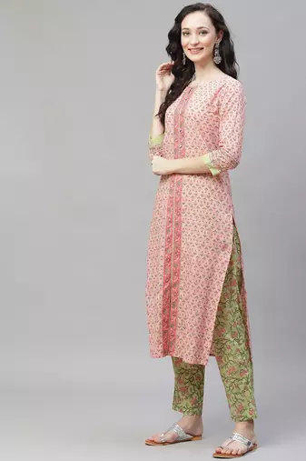 pink color printed pure cotton styles kurta trouser with dupatta