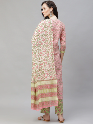 pink color printed pure cotton styles kurta trouser with dupatta 4