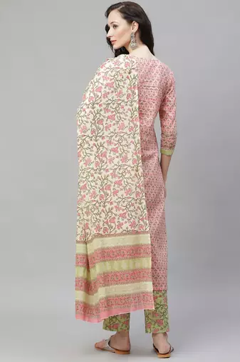 pink color printed pure cotton styles kurta trouser with dupatta