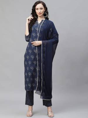 navy blue color printed pure cotton styles kurta trouser with dupatta 1