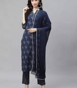 navy blue color printed pure cotton styles kurta trouser with dupatta
