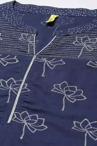 navy blue color printed pure cotton styles kurta trouser with dupatta