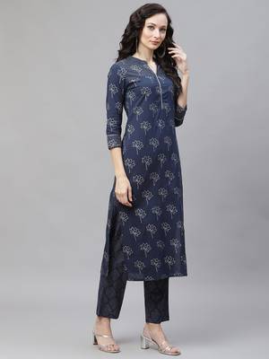 navy blue color printed pure cotton styles kurta trouser with dupatta 3