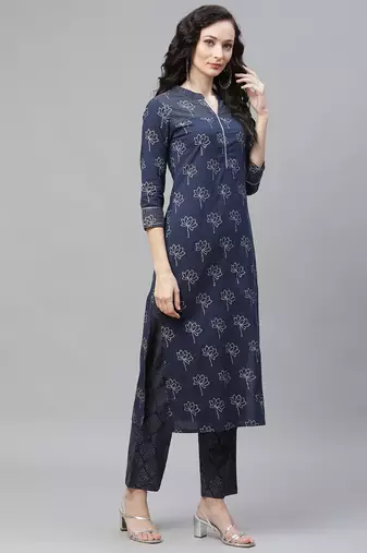 navy blue color printed pure cotton styles kurta trouser with dupatta
