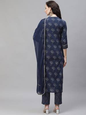 navy blue color printed pure cotton styles kurta trouser with dupatta 4