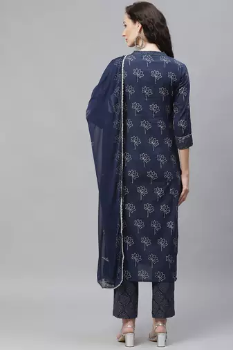 navy blue color printed pure cotton styles kurta trouser with dupatta