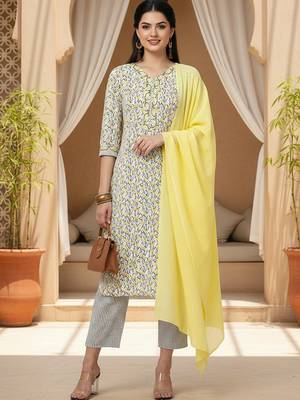 white color printed pure cotton styles kurta trouser with dupatta 1