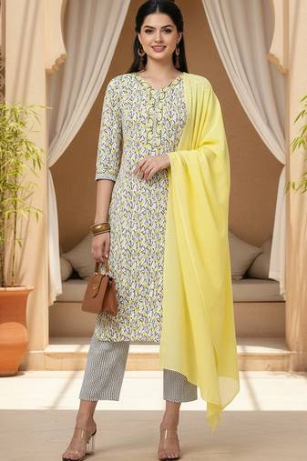 white color printed pure cotton styles kurta trouser with dupatta