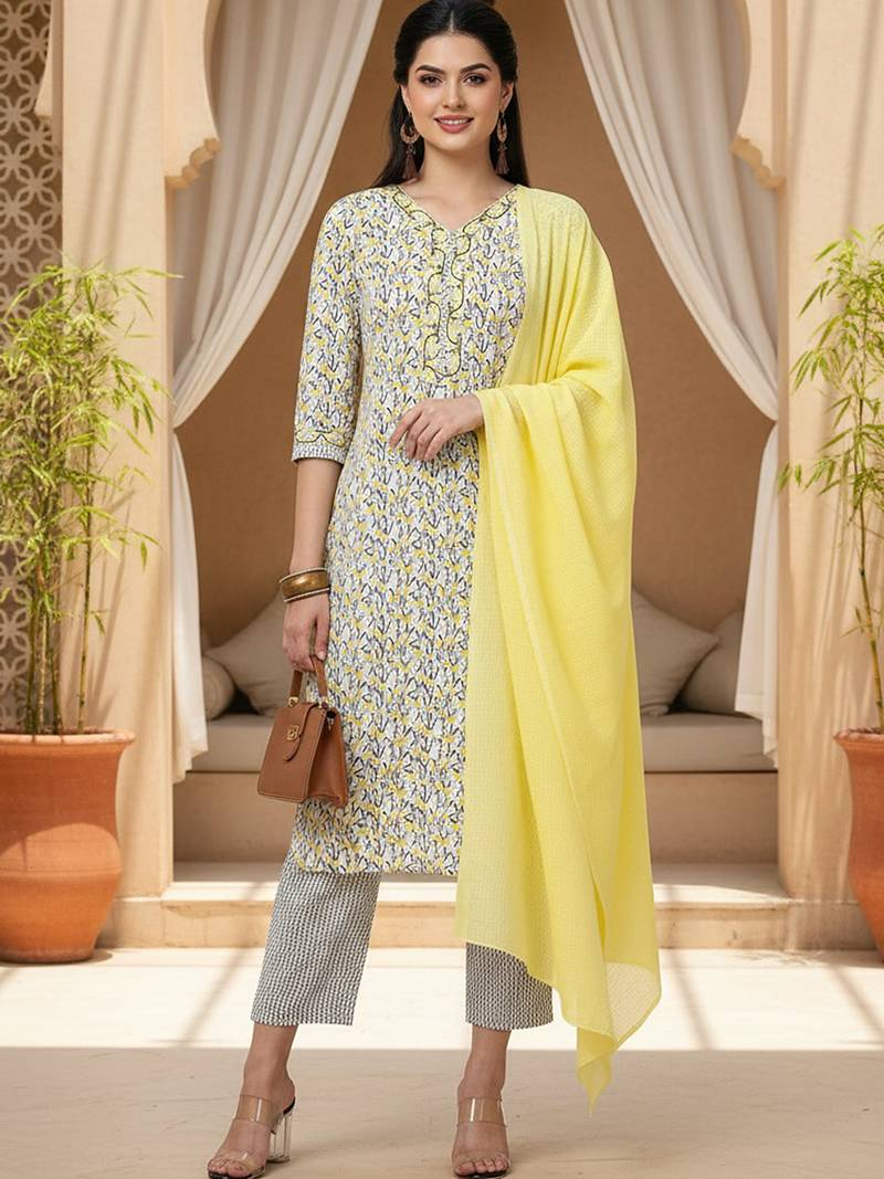 white color printed pure cotton styles kurta trouser with dupatta