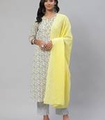 white color printed pure cotton styles kurta trouser with dupatta