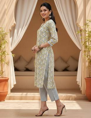 white color printed pure cotton styles kurta trouser with dupatta 3