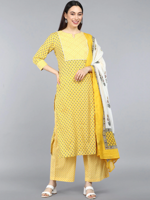 yellow color printed pure cotton styles kurta palazzo with dupatta 1
