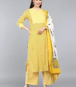 yellow color printed pure cotton styles kurta palazzo with dupatta
