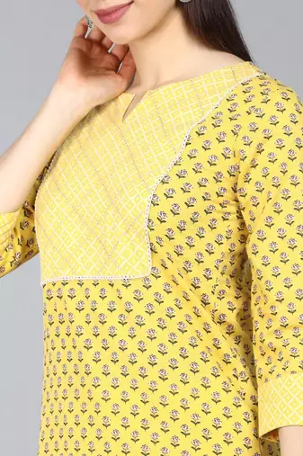 yellow color printed pure cotton styles kurta palazzo with dupatta