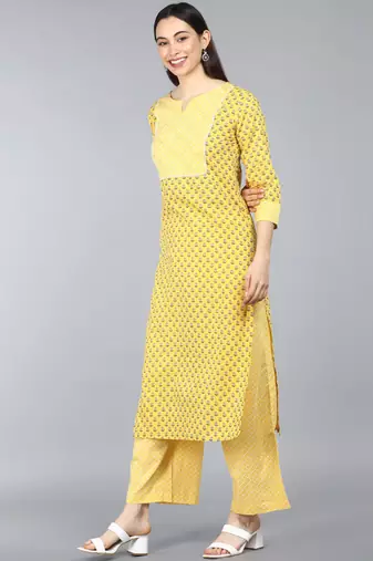 yellow color printed pure cotton styles kurta palazzo with dupatta