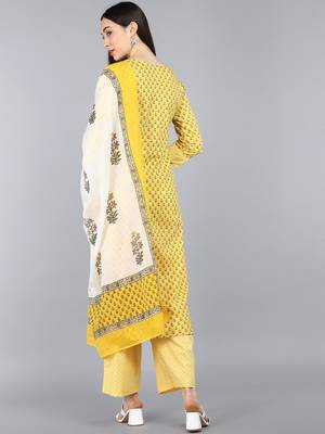 yellow color printed pure cotton styles kurta palazzo with dupatta 4
