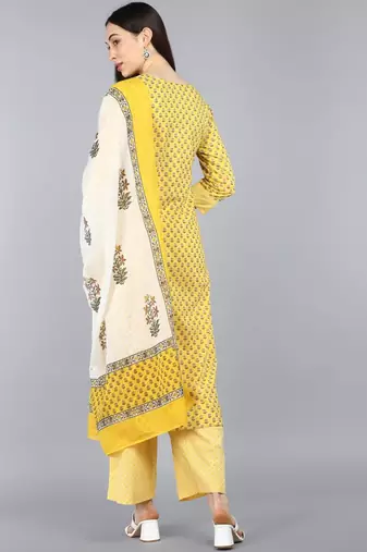 yellow color printed pure cotton styles kurta palazzo with dupatta