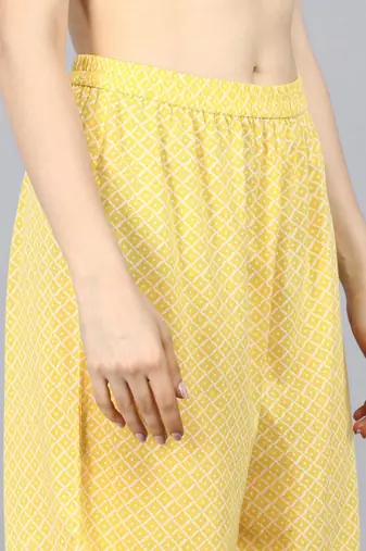 yellow color printed pure cotton styles kurta palazzo with dupatta