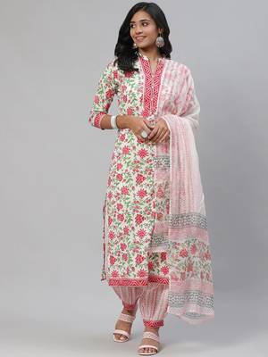 white color printed pure cotton styles kurta salwar with dupatta 1