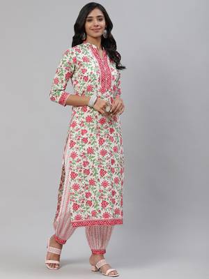 white color printed pure cotton styles kurta salwar with dupatta 3