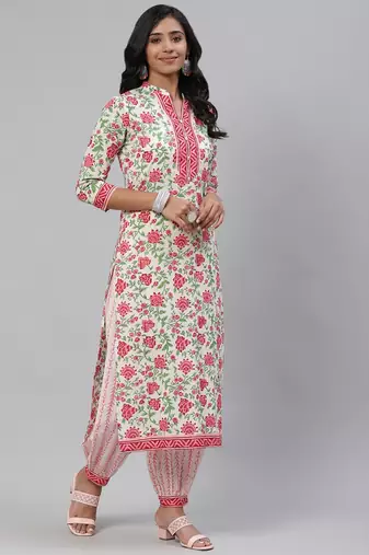white color printed pure cotton styles kurta salwar with dupatta