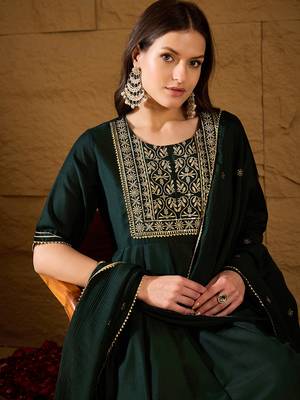 green color embroidered silk blend styles kurta trouser with dupatta 2