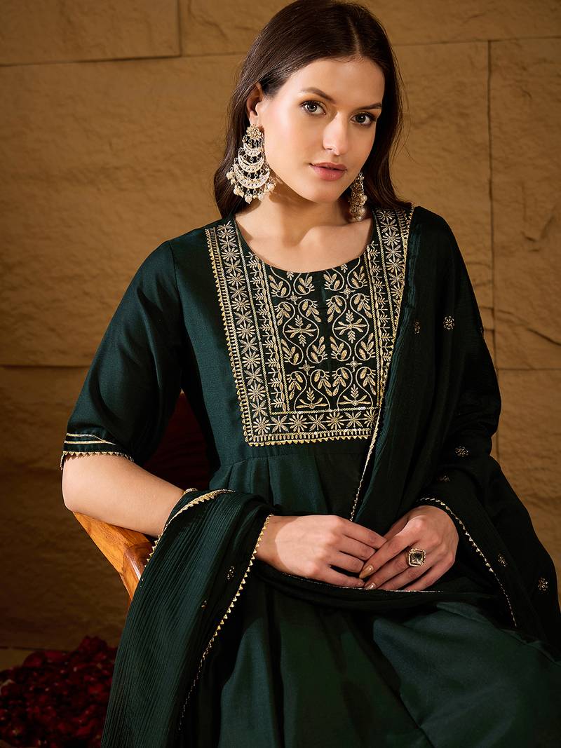 green color embroidered silk blend styles kurta trouser with dupatta