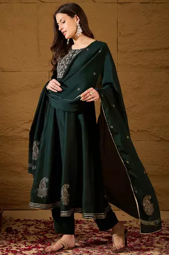 green color embroidered silk blend styles kurta trouser with dupatta