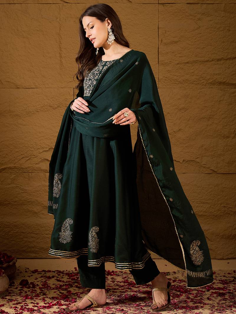 green color embroidered silk blend styles kurta trouser with dupatta