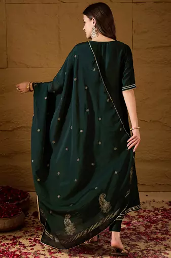 green color embroidered silk blend styles kurta trouser with dupatta