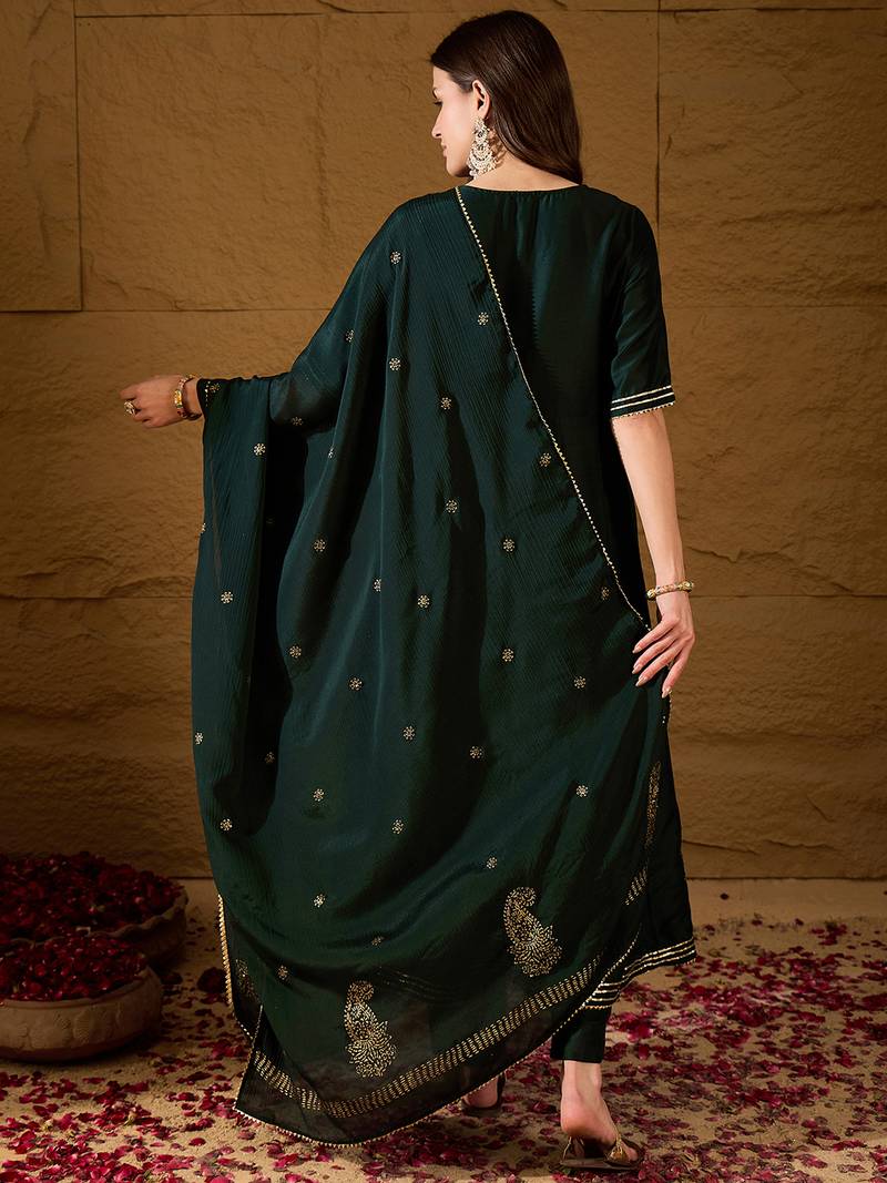 green color embroidered silk blend styles kurta trouser with dupatta