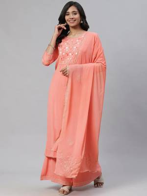 peach color embroidered pure cotton styles kurta palazzo with dupatta 1