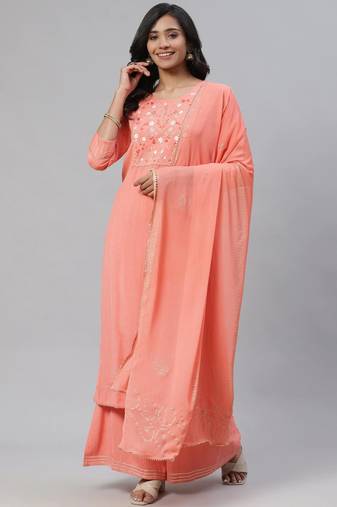 peach color embroidered pure cotton styles kurta palazzo with dupatta