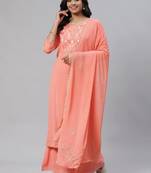 peach color embroidered pure cotton styles kurta palazzo with dupatta