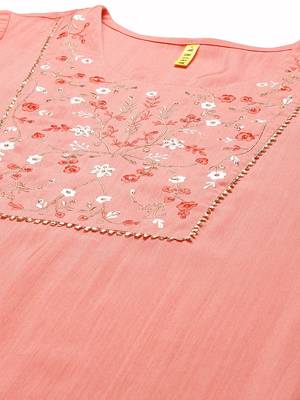 peach color embroidered pure cotton styles kurta palazzo with dupatta 2