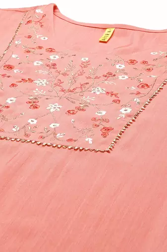peach color embroidered pure cotton styles kurta palazzo with dupatta