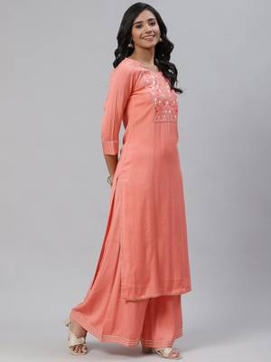 peach color embroidered pure cotton styles kurta palazzo with dupatta 3