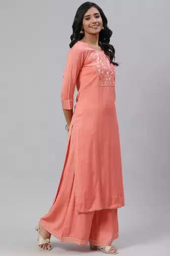 peach color embroidered pure cotton styles kurta palazzo with dupatta