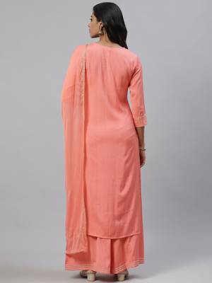 peach color embroidered pure cotton styles kurta palazzo with dupatta 4