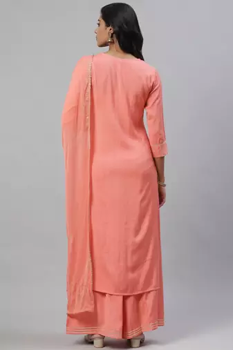peach color embroidered pure cotton styles kurta palazzo with dupatta