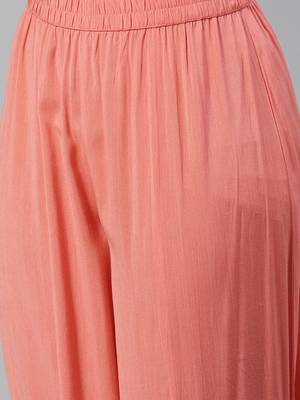 peach color embroidered pure cotton styles kurta palazzo with dupatta 5