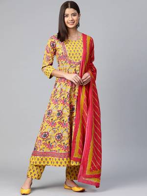yellow color printed rayon blend styles kurta trouser with dupatta 1
