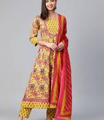 yellow color printed rayon blend styles kurta trouser with dupatta