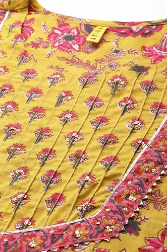yellow color printed rayon blend styles kurta trouser with dupatta