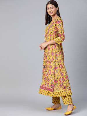 yellow color printed rayon blend styles kurta trouser with dupatta 3