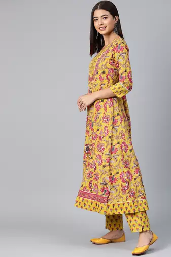 yellow color printed rayon blend styles kurta trouser with dupatta