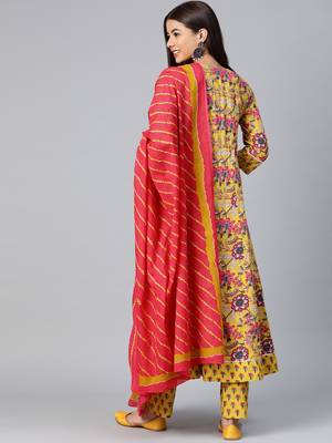 yellow color printed rayon blend styles kurta trouser with dupatta 4